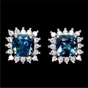 Vibrant Natural London Blue Topaz Cushion Halo earrings 925 Sterling Silver